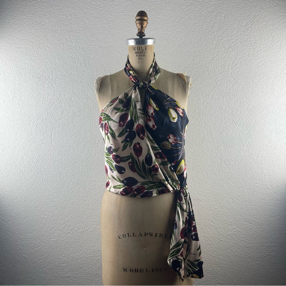 Cinq a Sept l S Clarke Blocked Floral Silk Halter Top Color: Pearl/Black Multi